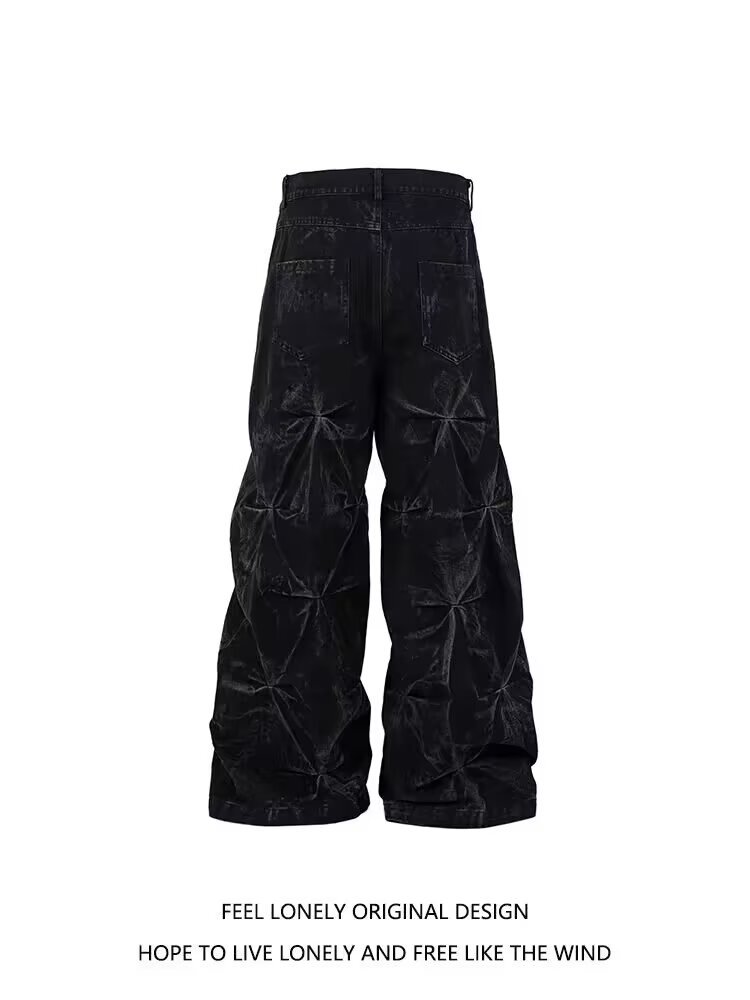 Jeans uomo nero stile retrò con pieghe gamba larga oversize_voghion.com