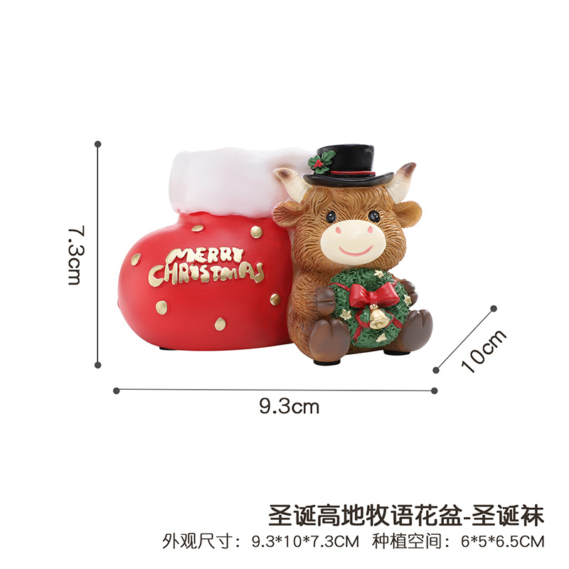 Chậu cây mọng nước hình bò Highland Giáng Sinh resin, chậu mini phong cách Bắc Âu, trang trí sân vườn (RG-204)