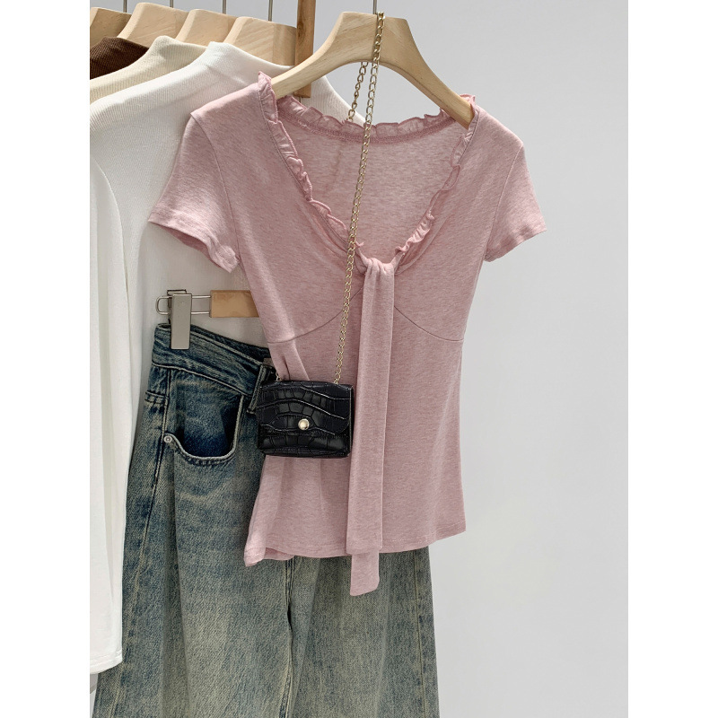 European-Style Lyocell Tencel Ruffled V-Neck Tie Short-Sleeve Wool T-Shirt for Women, New Summer Slim-Fit Top