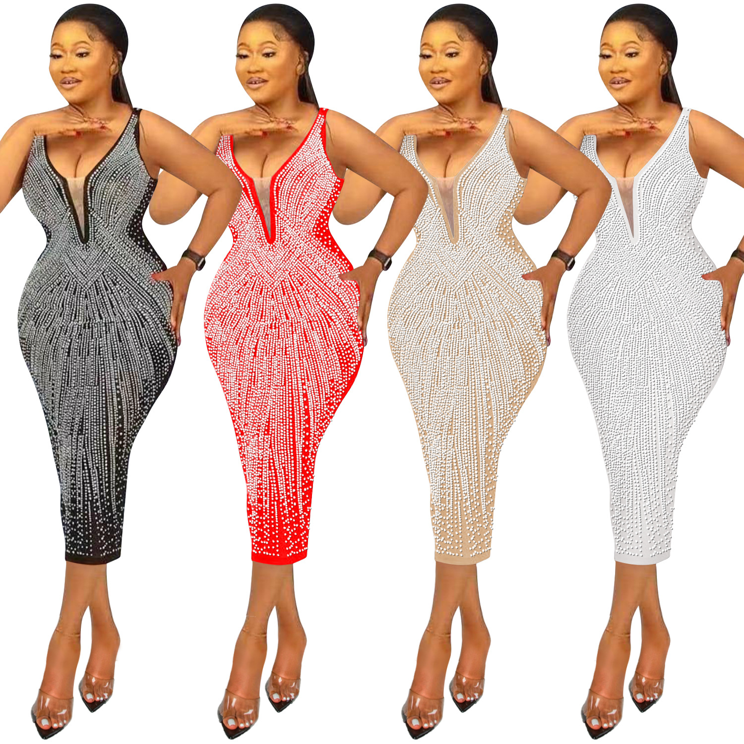 C5808 transfronteriza nuevo producto AliExpress Amazon moda europea y americana Sling sexy apretado con cuello en V rhinestone vestido mujeres