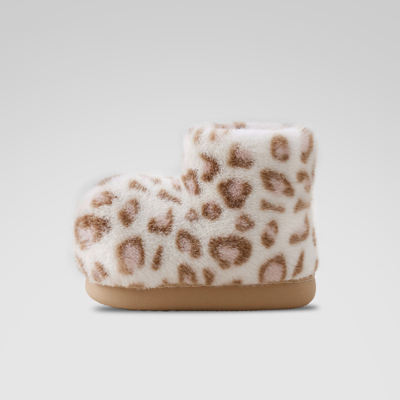 时尚豹纹棉靴女冬季居家室内保暖情侣厚底毛绒包跟棉拖鞋男士外穿