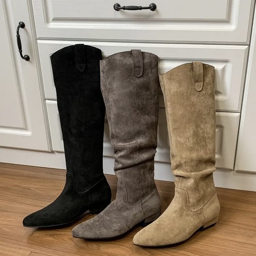 Vintage Rough-Fit V-Mouth Pile Pile Mid-Cheel Women's Boots for Autumn/Winter, Pointed Toe Western Cowboy Long Boots