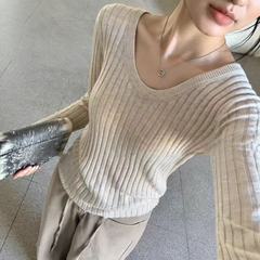 韩系纯欲风坑条软糯设计感打底衫女秋季新款简约修身显瘦针织上衣