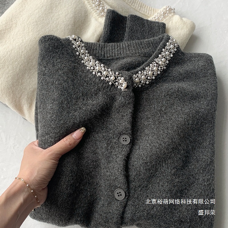 厂家直销新款小香风圆领钉珠设计感针织长袖开衫女秋冬显瘦单排扣|undefined
