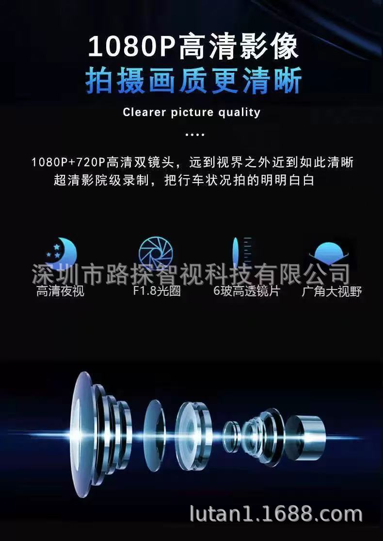 Three-lens dashcam for front, interior, and rear recording, 1080P high-definition night vision, 2inch screen WiFi