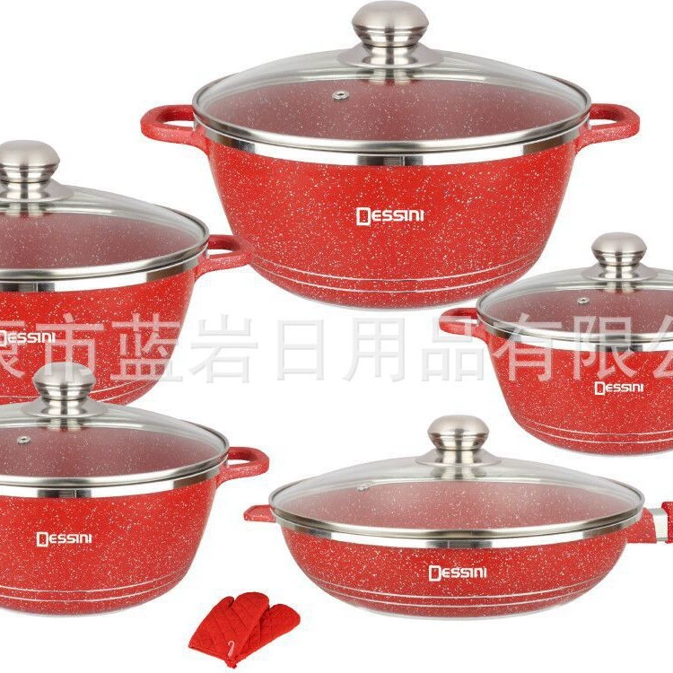 [【现货供应】Dessini 12件套麦饭石锅具套装铝锅套件不粘锅礼品锅]