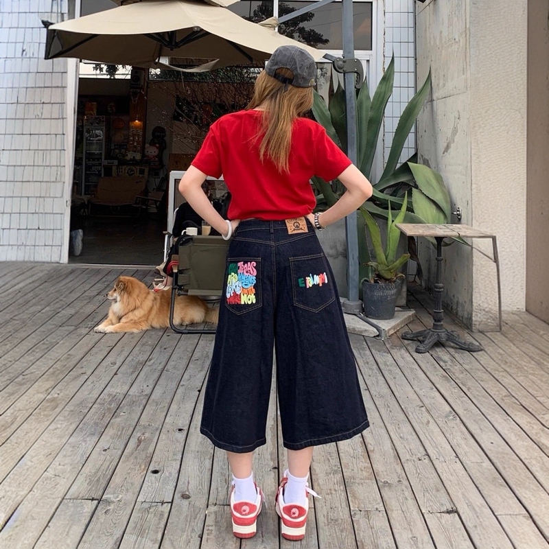 Printed Letter Straight-Leg Wide-Leg Cropped Jeans for Women, Summer Loose-Fitting 7/8 Length Denim Pants for Women Printed Letter Straight-Leg Wide-Leg Cropped Jeans for Women, Summer Loose-Fitting 7/8 Length Denim Pants for Women