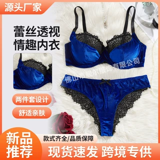 跨境欧美大码文胸套装性感蕾丝边大胸显小秋冬系列法式内衣两件套