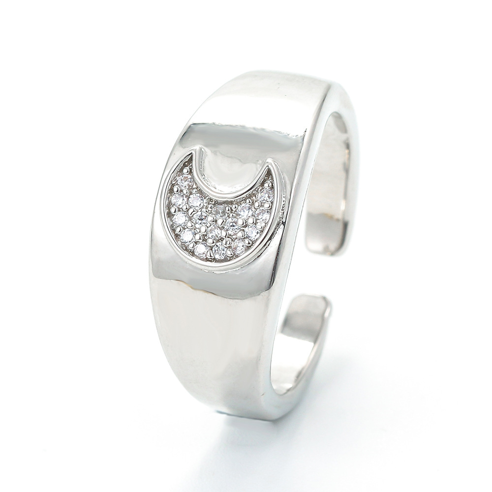 Geometric Pattern Unisex Gender Retro Style Fashion Simple Crescent Micro-set Zircon Opening Adjustable Copper Ring