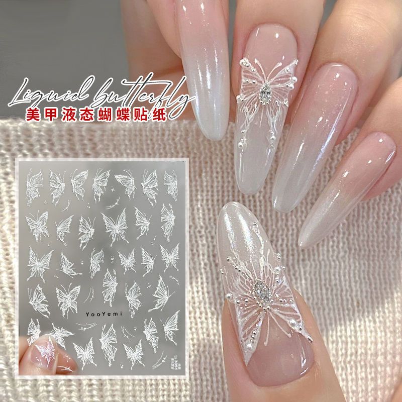 Explosions Liquid Butterfly Nail Art Sticker Stereo Hollow Butterfly Laser Aurora White silver Embossed Nail Decal