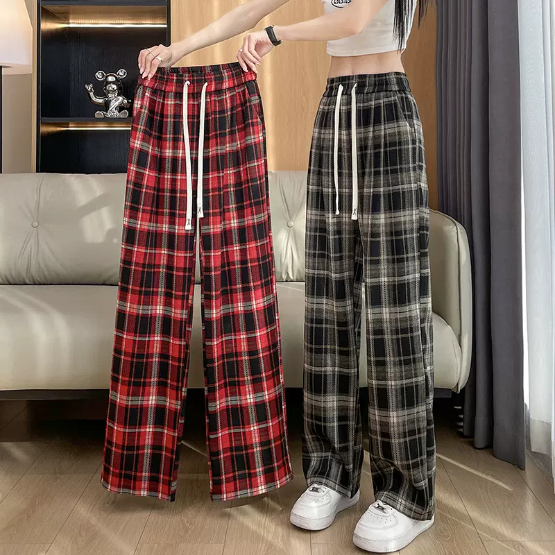 格子阔腿裤子女春秋新款宽松2025窄版高腰休闲小个子直筒运动裤女