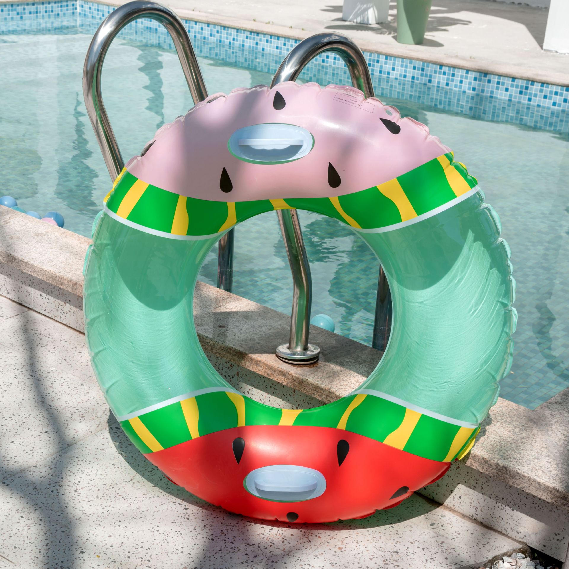 Adult Double-color Watermelon Shaped Handle Swim Ring Thick Portable display picture 5