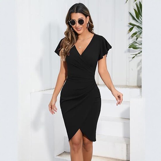 2026 New European and American Style V-Neck Waist-Cinching Bodycon Dress, Solid Color, Elegant and Slimming Midi Dress, Foreign Trade