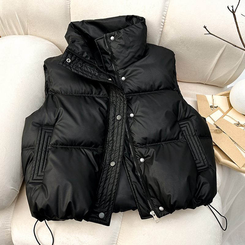 2024PU piel simple chaleco de algodón otoño invierno nuevo estilo de estudiantes de estilo extranjero pequeño cuello de collar de color sólido chaqueta coreana mujer image 7