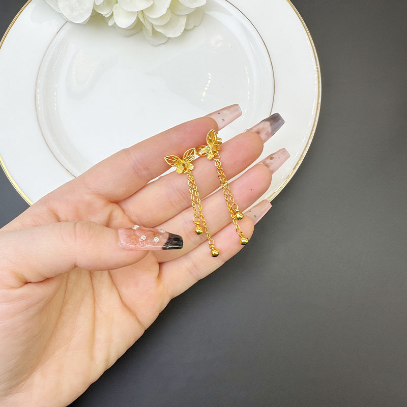 Pendientes de oro de arena de Vietnam, diseño retro, filigrana hueca, cuentas de mariposa, pendientes de borla, fabricante de joyas de moda nacional femenina