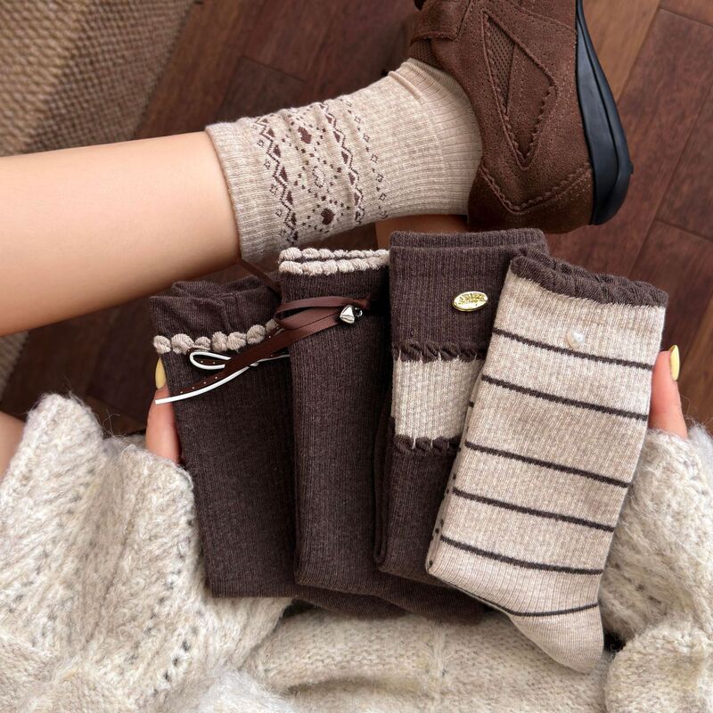 Women's Mid-Calf Socks, Melard Striped Cotton Socks, Spring and Autumn College Style, Lace Button Retro Versatile Women's Socks Wholesale