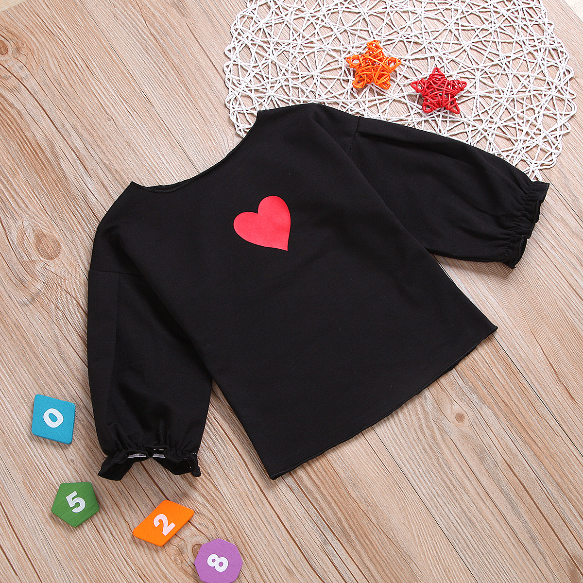 Korean version of the spring new children's clothing girls Puff Sleeve T-shirt children's love printing shirt shirt long-sleeved shirt