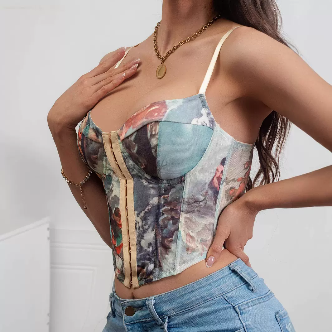 欧美风纯欲束腰立体钢圈修身小吊带印花性感鱼骨胸衣背心上衣跨境