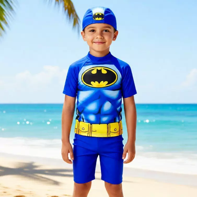 蝙蝠侠卡通儿童泳衣男童分体防晒速干度假游泳套装