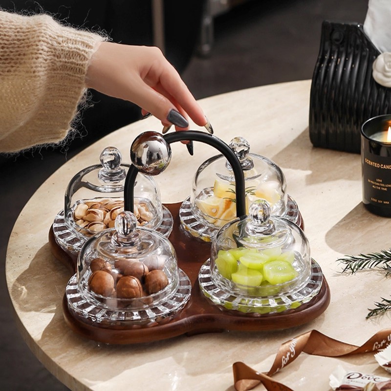 新中式实木果盘玻璃点心盅茶几零食摆盘高颜值干果碟摆放盘干果盘