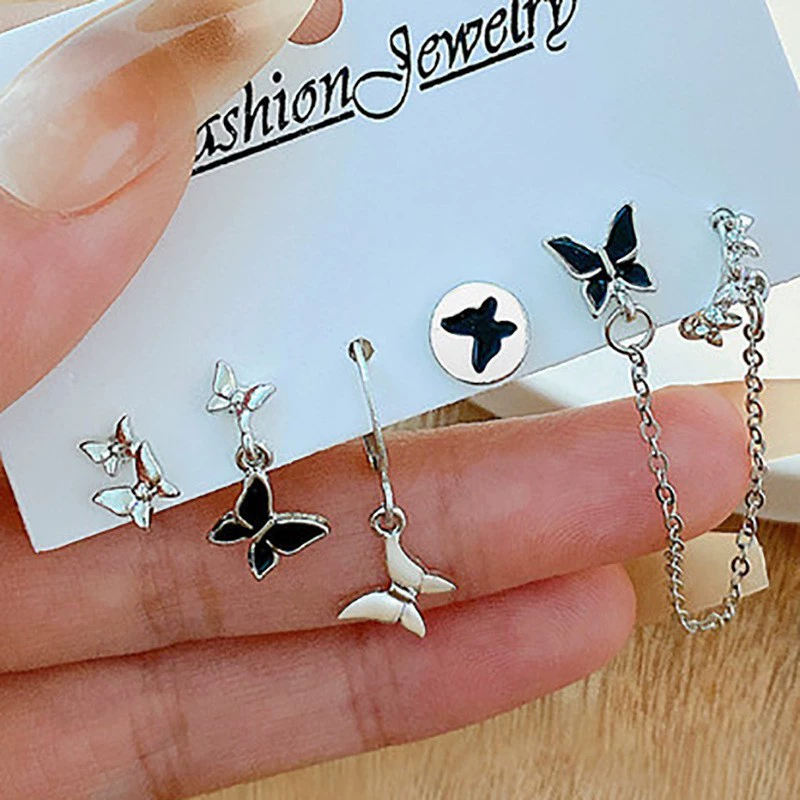 Earrings set 6-piece, European style simple elegant, metal fashion studs and dangles