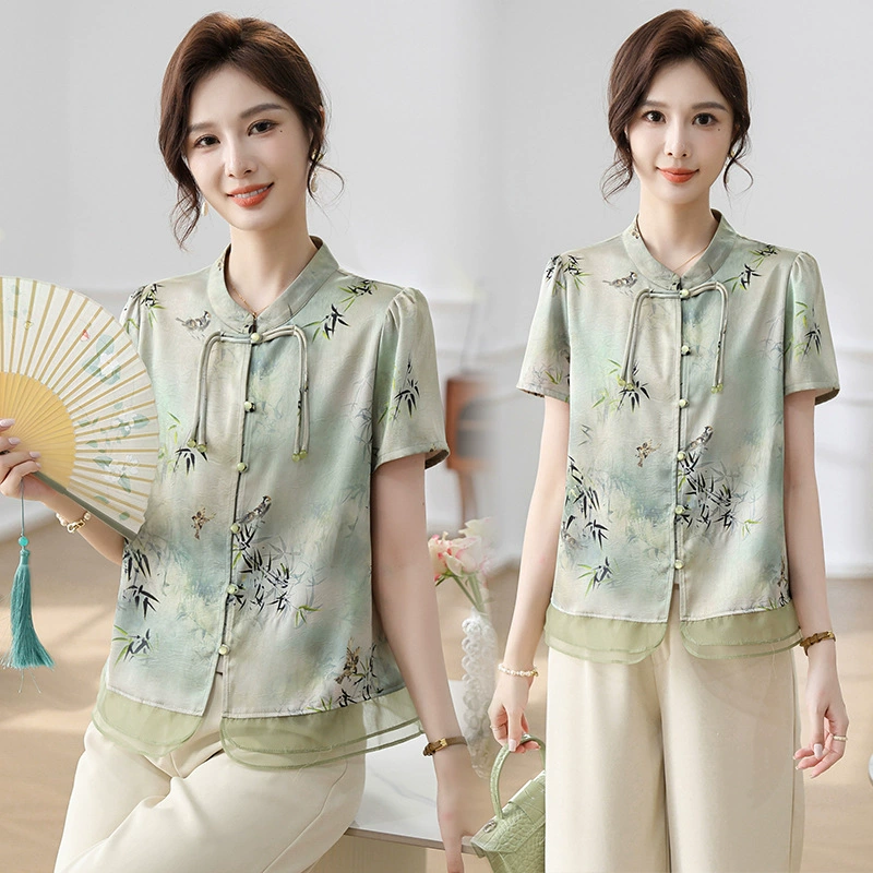 2025 новой летней одежды для мам, рубашки в западном стиле для женщин 40 и 50 лет, летняя одежда для женщин среднего и пожилого возраста, модные топы с короткими рукавами.