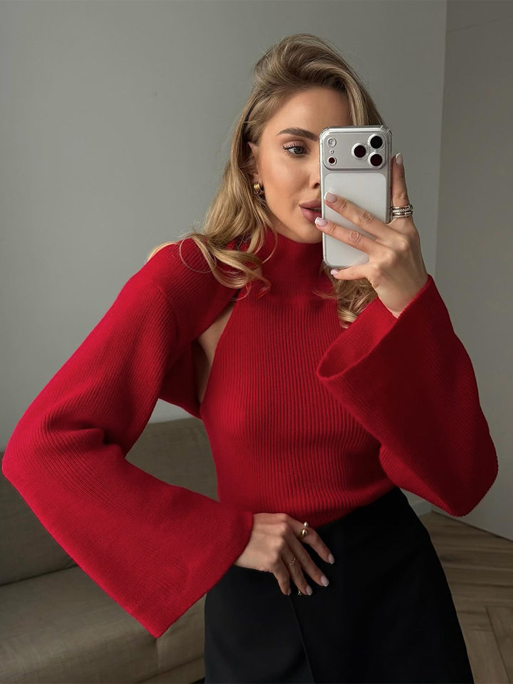 Bộ hai món áo len cổ cao trễ vai kèm áo cardigan dáng ôm, tay loe — Màu trắng, màu đen, màu đỏ chi tiết 5