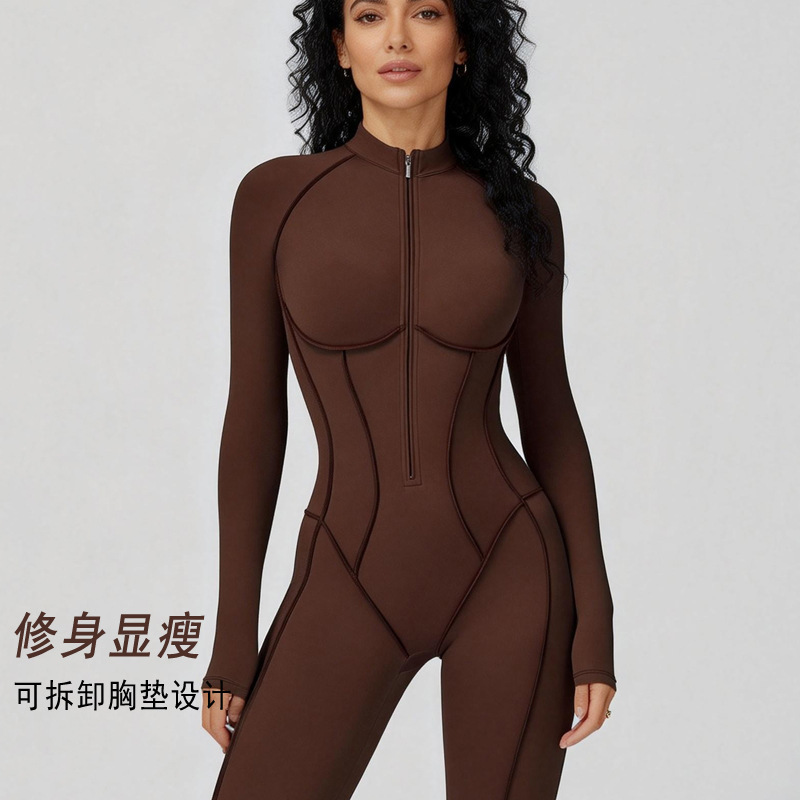 European and American Style Half-Zip Long-Sleeve Yoga Jumpsuit High-Intensity Sports Skiing Cycling Dance Bodysuit