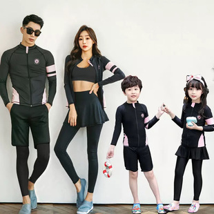 Family of Three Mother-Daughter Parent-Child Swimwear Children's Two-Piece Swimsuit Boys' Long-Sleeve Sun-Protective Quick-Dry Diving Suit Set