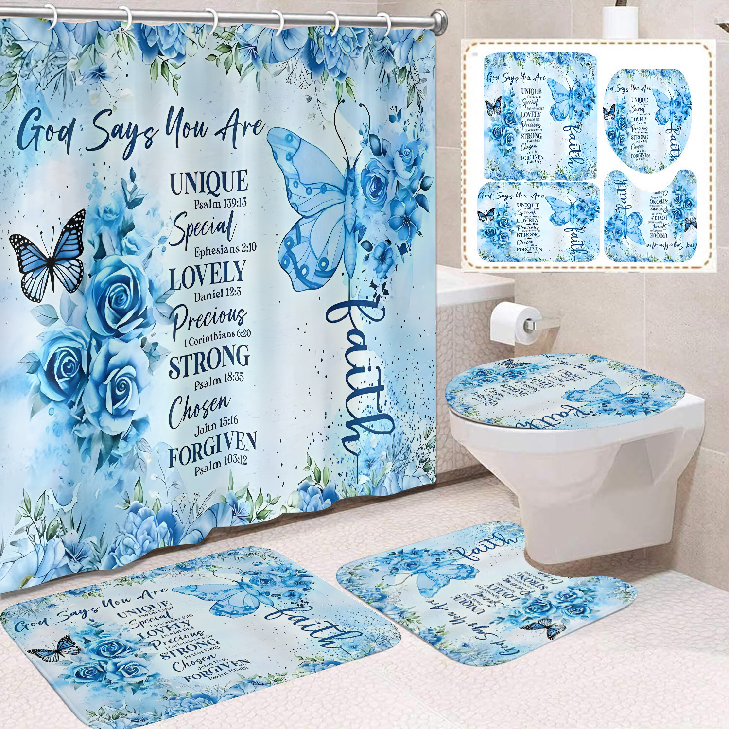 Transfronterizo Amazon cortina de ducha de color degradado cortina de baño letra patrón de mariposa cortina de ducha impermeable y a prueba de moho image 3