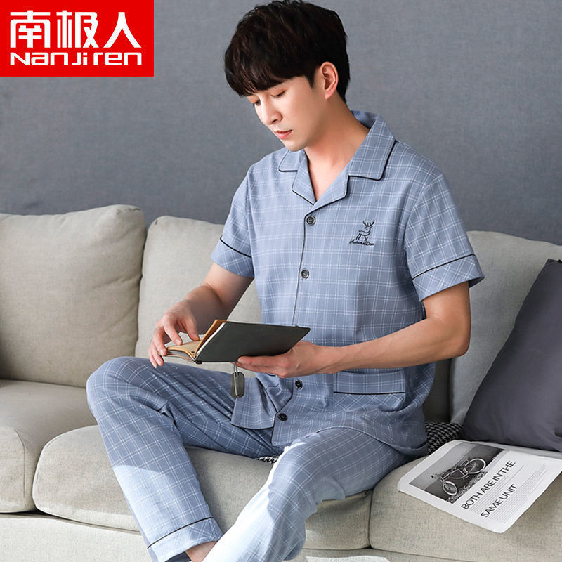 Pijamas para hombres de verano delgados algodón pantalones de mangas cortas para hombres ropa de hogar de verano más grande conjunto