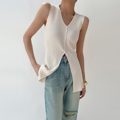 French V-neck sleeveless ice silk knitted women's mid-length 2025 summer knitted open jacket vest thin