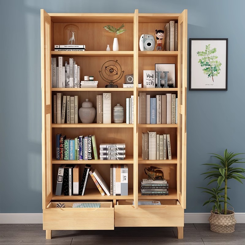 Nordic solid wood bookcase with modern minimalist glass door, two-door/three-door, economical multi-functional storage book cabinet