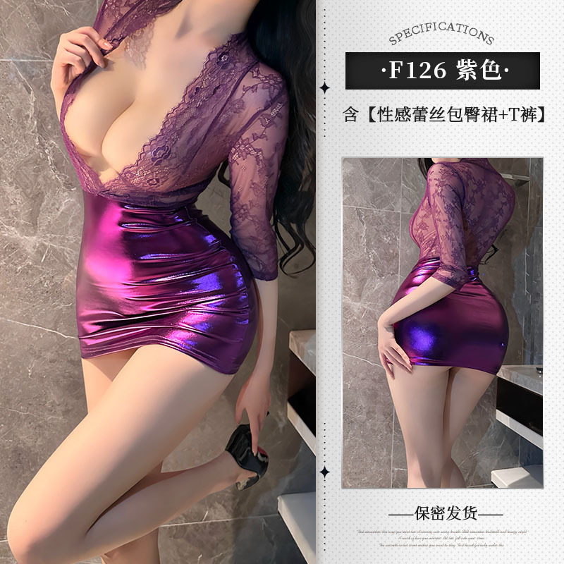 보라색 레이스 가죽 스커트 + 끈팬티
