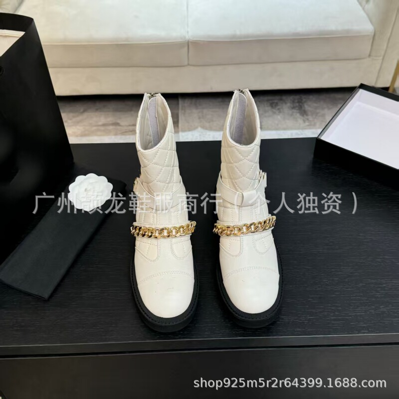 高端2025新款小香风真皮圆头金属扣链条厚底针织弹力瘦瘦靴短靴女|undefined