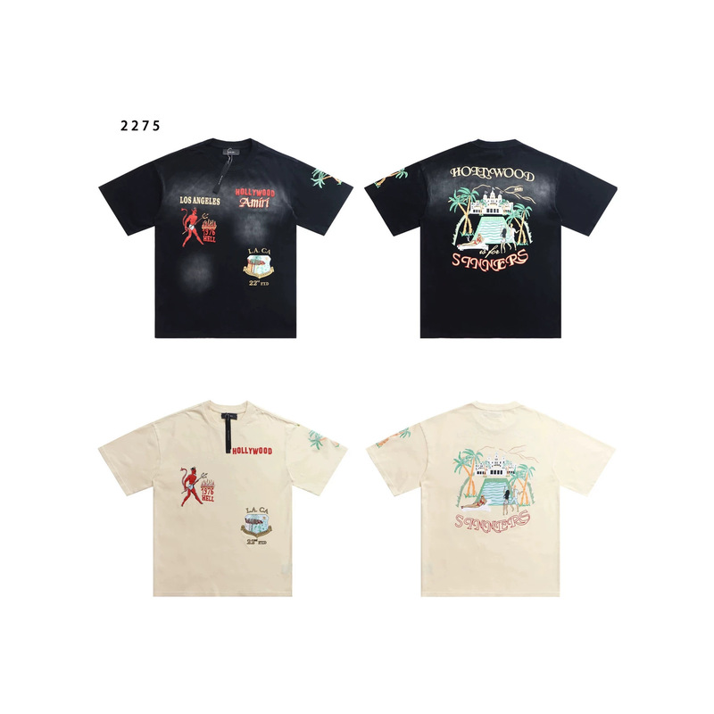 26 High-Quality Cross-Border Fashion Brand Short-Sleeve Amiri T-Shirt with Printed Wash Effect, American-Style Heavyweight Pure Cotton for Men and Women