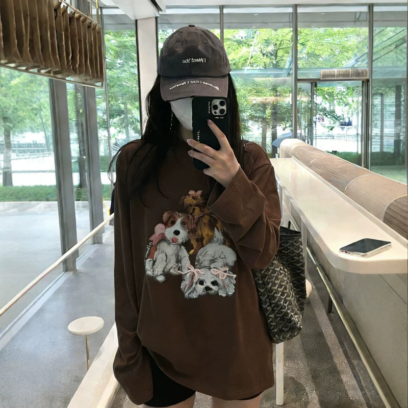 Plus-size Korean-style retro puppy print round-neck long-sleeve T-shirt for women, 2026 spring, relaxed casual slimming plus-size top Plus-size Korean-style retro puppy print round-neck long-sleeve T-shirt for women, 2026 spring, relaxed casual slimming plus-size top