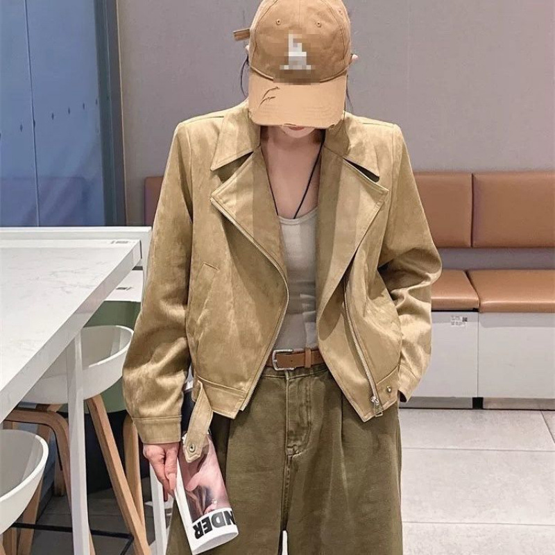 鹿皮绒外套女秋季新款感机车服小个子短款复古夹克上衣女|undefined