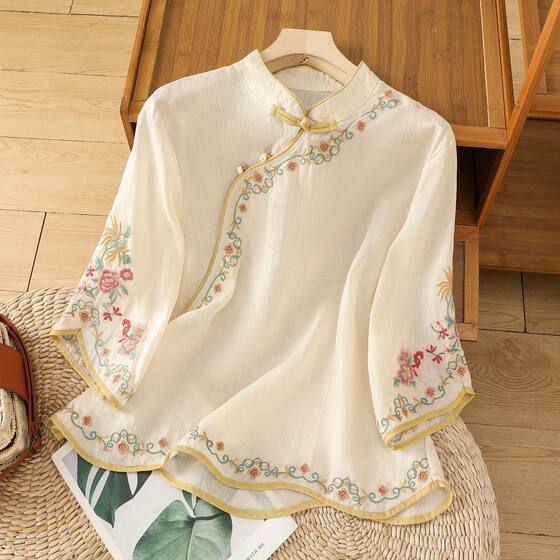 Cotton Tea Shirt Women's Embroidered New Top Chinese Style Summer Retro National Style Slanted Lapel Loose Artistic Buckle