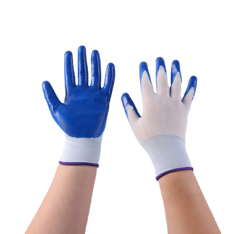 Site work gloves wholesale nylon nitrile dipping gloves non-slip wear-resistant white blue nitrile gloves