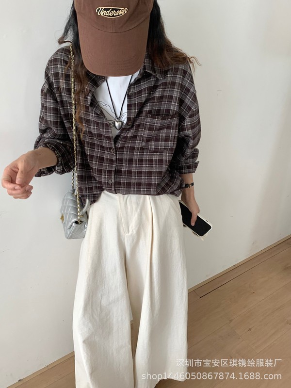 琪镌绘制美式复古长袖格子衬衫女秋季新款高级感显瘦休闲叠穿衬衣|undefined