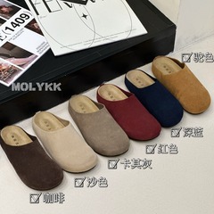 2025年初秋新作 レトロなフラットビルケンシュトック風スリッポン レディース ラフな風合いの反毛皮素材 つま先が覆われたスリッポン 滑り止め付き