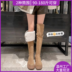 美ラードのレトロな西部の靴の女性の冬のベルベットは膝のブーツの茶色のブーツの雪のブーツの騎士のブーツを折ります。