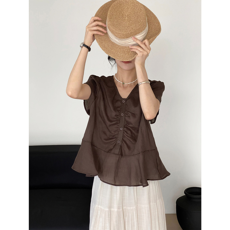 So light and elegant gentle wind Tencel ramie V-neck shirt women's ruffled hem pleated top 5025