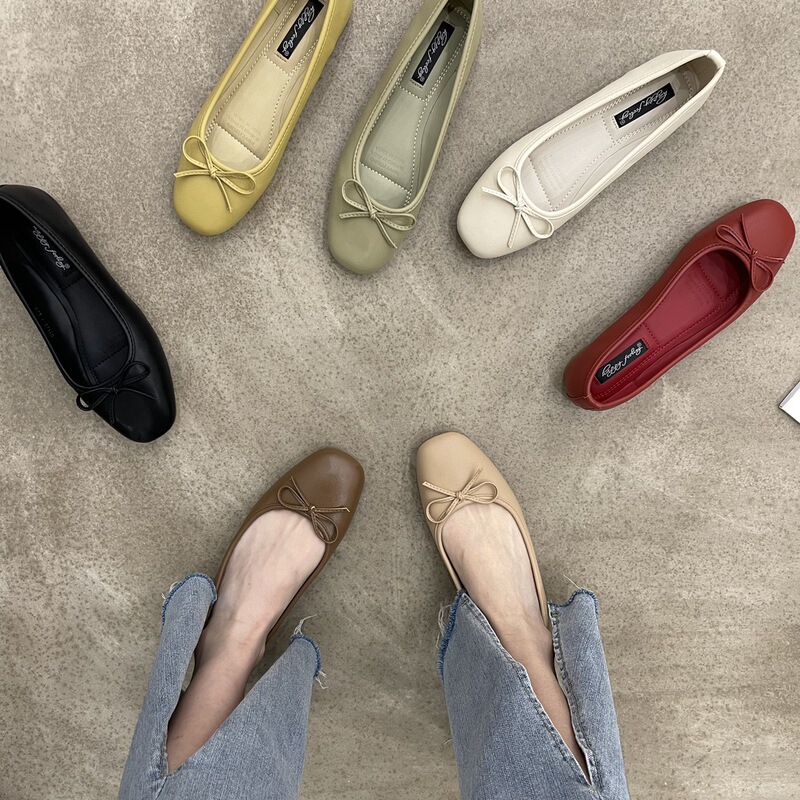 Square Toe Shallow Bow Flat Shoes Sweet and Comfortable Soft Leather Soft Bottom Milk Shoes Spring Daily Shoes Women's Shoes