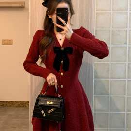 【圣诞红过年红】新款法式喜庆小个子毛衣V领连衣裙礼服女秋冬季