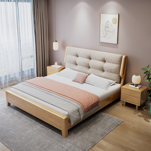 Scandinavian Solid Wood Bed Soft Backrest Bag Single and Double Storage Large Bed 1.8m Accessible Luxury Modern Simple Master Bedroom Log Weiyan
