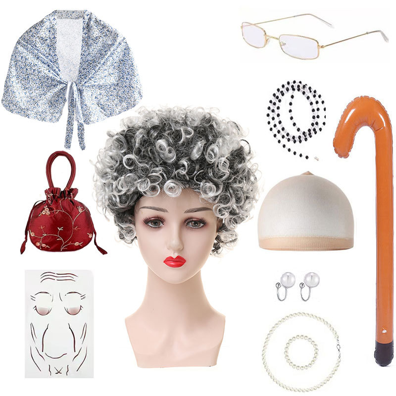 Amazon nueva abuela peluca abuelo pelo vieja dama vieja peluca chal traje accesorios traje