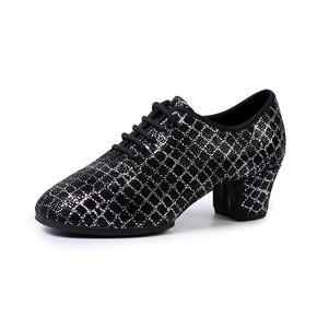 Black gold plaid soft soles ballroom jazz Latin dance shoes for adult professional teachers with soft soles middle heel outdoor square fashion dance shoes
