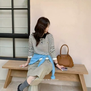 SUSAN 韩系撞色Polo领早秋刺绣条纹针织衫 两色入～学院感拉满！